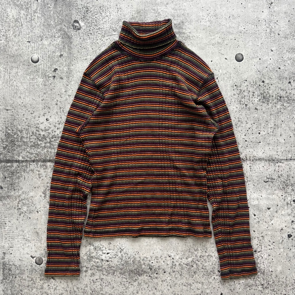Vintage Levis Shirt Womens Medium Multi Color Striped Ribbed Knit Turtleneck 90s